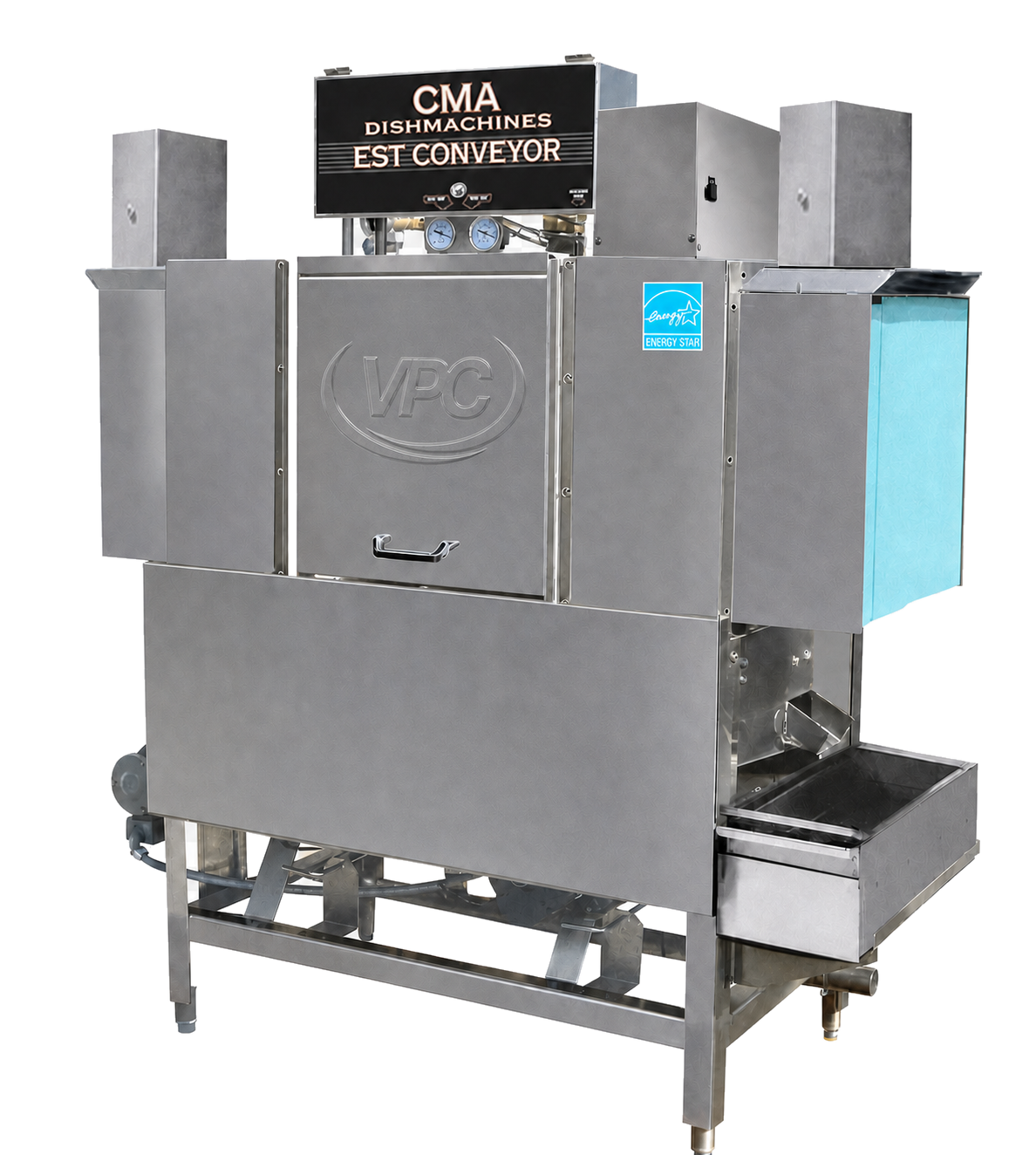 Commercial conveyor dishmachine shown from the opposite viewing angle with VPC embossed into the stainless panel