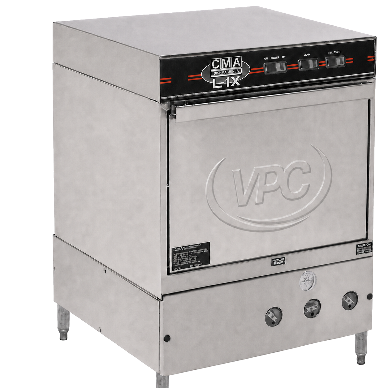 Commercial undercounter dishmachine with VPC embossed into the stainless door