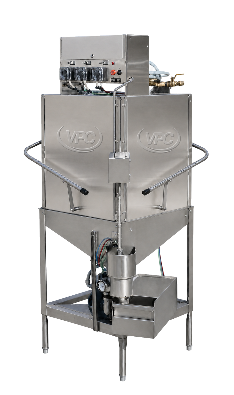 Commercial upright dishmachine with VPC embossed into both stainless doors