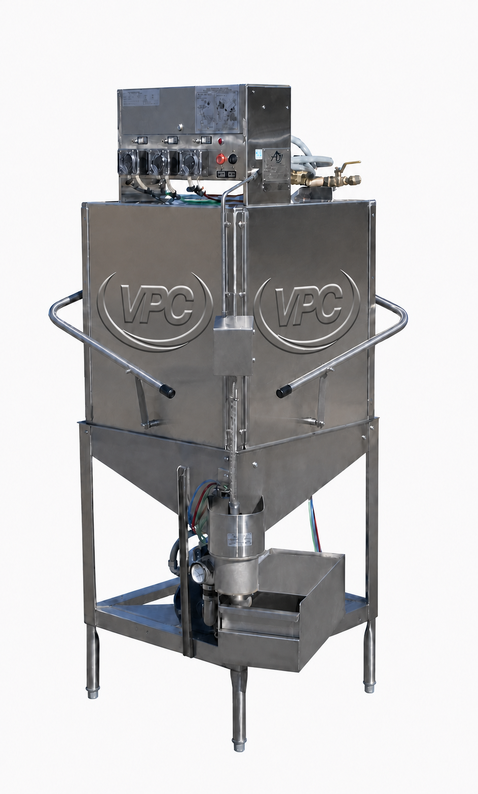 Commercial dishmachine with the VPC logo stamped into the stainless door